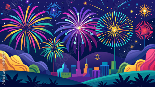 Vector art of a dazzling fireworks display lights up the night sky over a stylized cityscape, celebrating a special occasion with vibrant colors and festive cheer