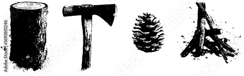 Rustic grunge black and white log axe pinecone campfire illustration for design