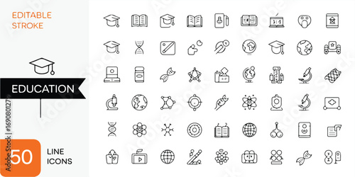 A professional vector illustration of a diverse education icon set, featuring clean, modern symbols for school, learning, and various academic concepts 