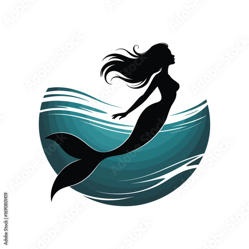 Mermaid Silhouette Illustration Swimming in Ocean Waves with Flowing Hair and Fish Tail