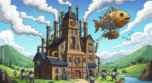 A whimsical steampunk scene with a building resembling a factory, a fishshaped airship, and small figures, all set against a backdrop of rolling hills