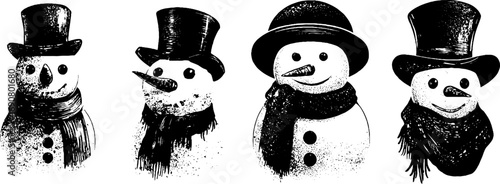 Grunge black and white snowman illustration set for winter design and christmas greeting cards