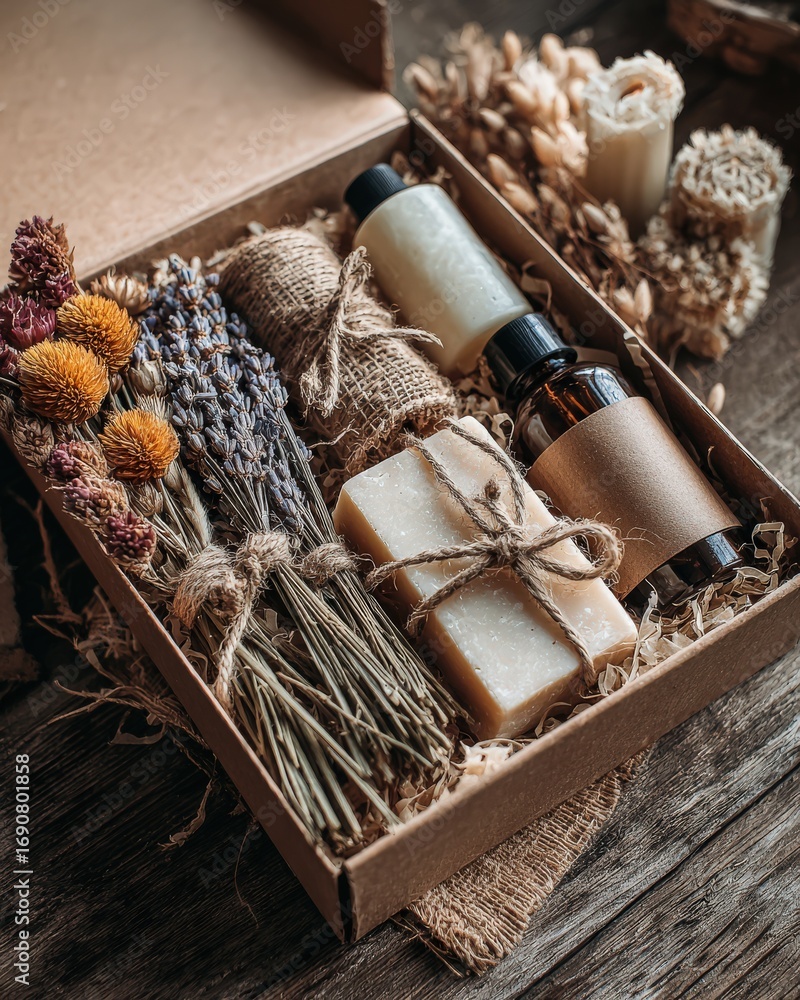 Obraz premium Natural Skincare Gift Set with Handmade Soap, Essential Oils, and Dried Flowers in Eco-Friendly Packaging