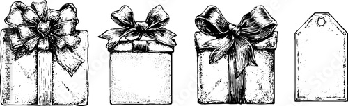Vintage black and white gift boxes with bows and tag illustration for holiday designs