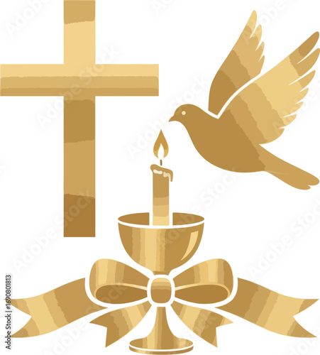 Elegant Gold Catholic Symbol Set – Cross, Chalice, Dove, Candle, Ribbon Vector Illustration