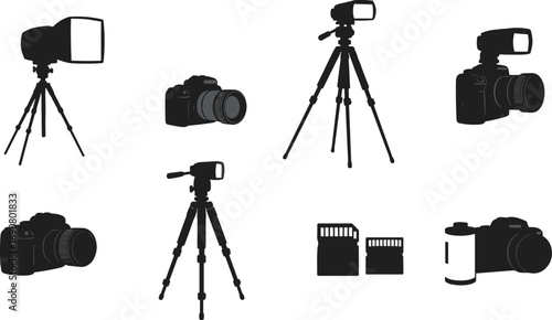 Professional photography equipment icons set, DSLR camera, tripod with flash, camera flash unit, memory card, film roll, photo gear