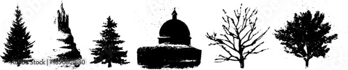 Grunge black and white silhouettes of trees and church for design projects