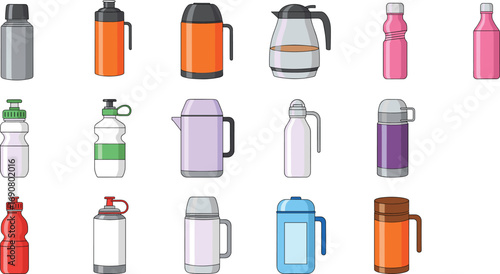 Vector illustration of colorful beverage containers including bottles, thermoses, kettles, and mugs for drinkware, product design, and packaging concepts