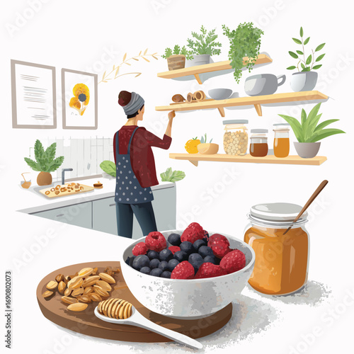 Vector art of a woman preparing a healthy breakfast with berries, nuts, and honey in a bright kitchen with plants and artwork, promoting wellness