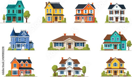 Vector illustration of nine colorful residential houses in grid layout, showcasing diverse architectural styles for real estate, urban, and design projects