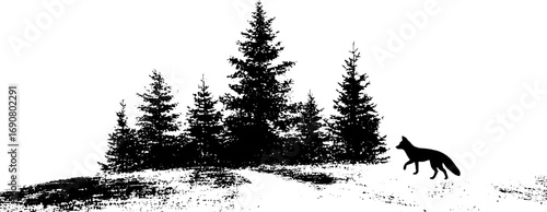 Grunge black and white fox and pine trees silhouette for urban design and art projects