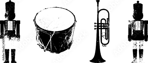Festive christmas musical theme with nutcracker soldiers, drum, and trumpet
