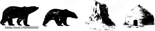 Grunge black and white wildlife and landscape silhouette set for artistic design
