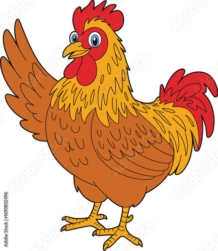 Vibrant Cartoon Chicken Vector Illustration with Expressive Eyes, Raised Wing Gesture, Brown Orange Feathers, Friendly Character Design for Kids