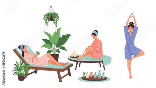 Relaxing spa scene with women in robes enjoying wellness activities like yoga and lounging with beverages and plants