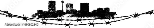 Grunge black and white urban cityscape with barbed wire design for posters and cards