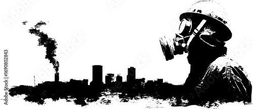 Grunge black and white urban scene with cityscape and masked figure for artistic design