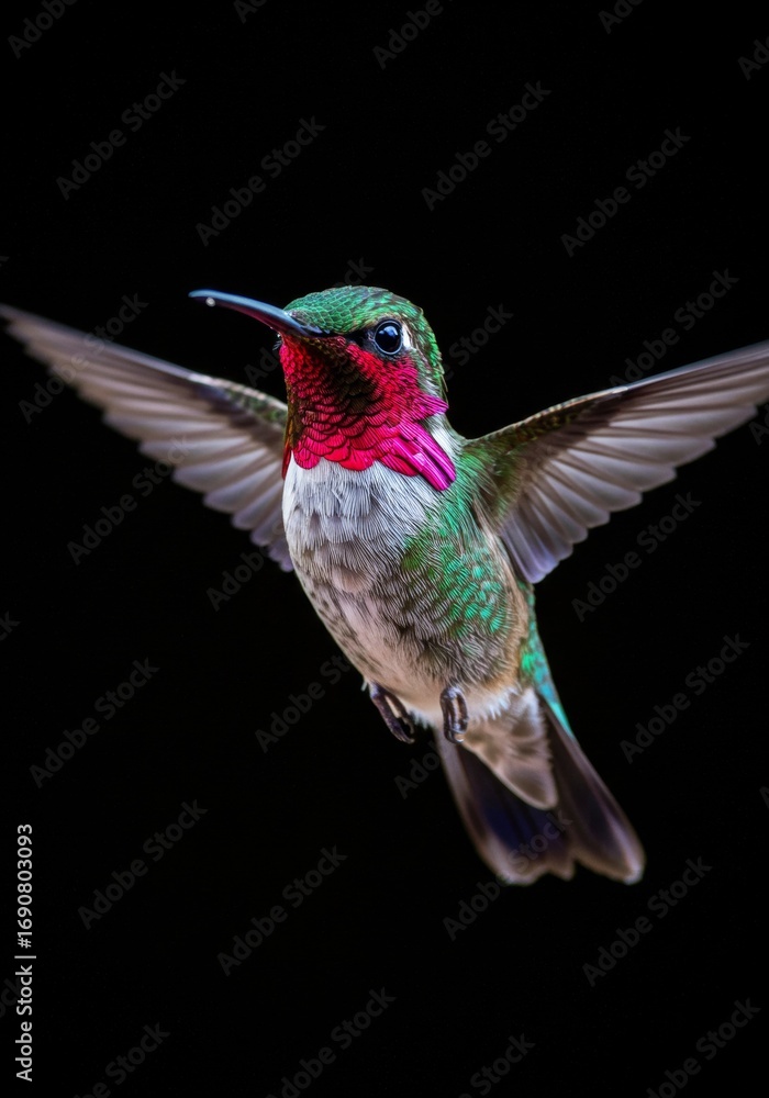 Fototapeta premium Ruby-throated Hummingbird in Mid-Flight Against Black Background