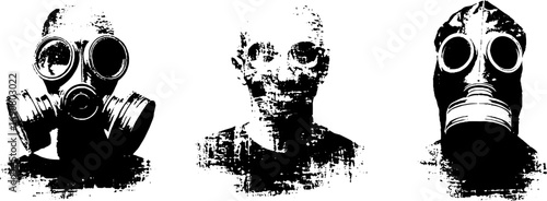 Grunge black and white illustration set of classic gas masks and faces for urban design