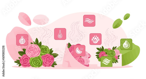Floral Aromatherapy Concept Featuring Bouquets of Roses and Scent-Related Icons for Relaxation