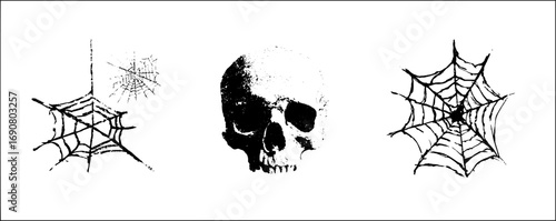 Grunge black and white skull and spider webs illustration set for halloween decor