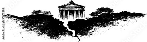 Grunge black and white illustration of classical structure with cracked ground and distressed texture
