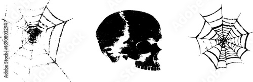 Grunge black and white set: vintage skull and spiderweb design for posters and prints