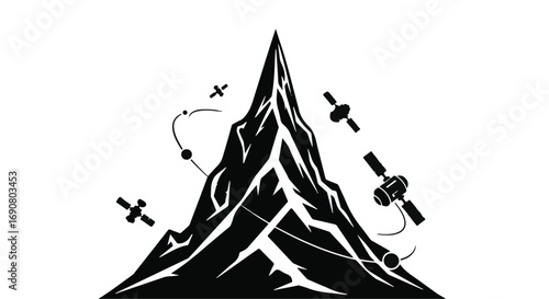 Futuristic mountain peak with orbiting satellites symbolizing technological exploration and progress.