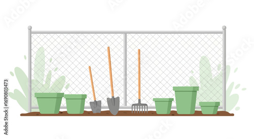 Gardening tools and pots in a backyard setting against a wire fence illustration