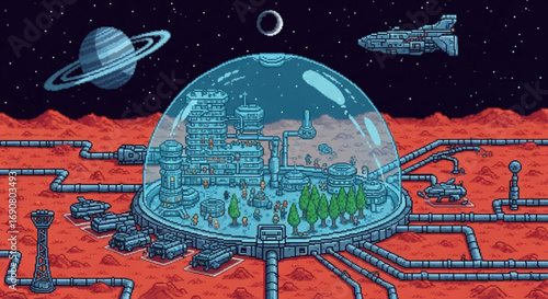 A futuristic city under a dome on mars, with spaceships, planets, and a vibrant, stylized design, showcasing a colony on the red planet