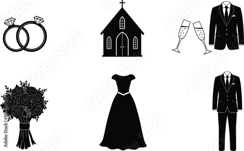 Wedding icons set with rings, dress, tuxedo, church, bouquet, and champagne glasses for invitation, planning, ceremony, and celebration designs.