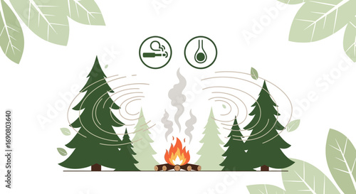 Graphic Illustration of Forest Fire Risk Factors: Smoking and High Temperatures Warning