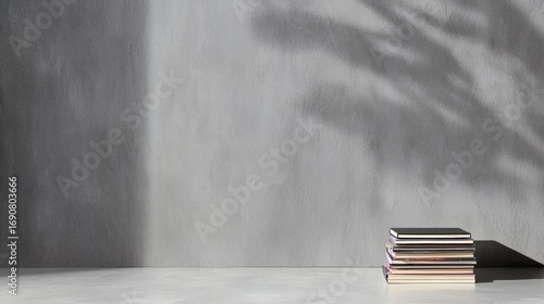 A stack of books on a gray wall.