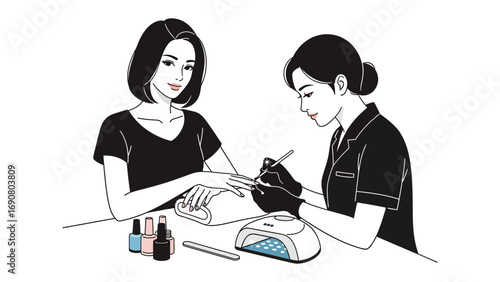 Skilled nail technician carefully applying gel polish to a client s fingernails using a uv lamp for curing in a clean salon setting