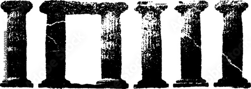 Grunge black and white ancient column illustration set for vintage design