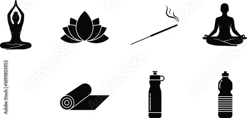 Yoga wellness icons set showing meditating woman, lotus flower, incense stick, yoga mat, water bottles, mindfulness, relaxation symbols.