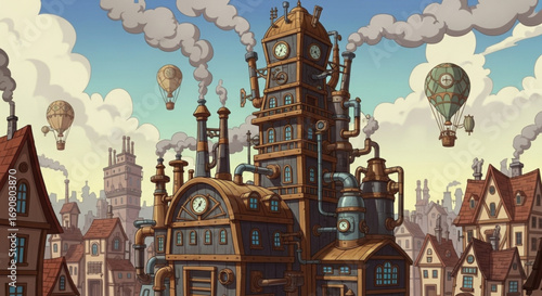 A steampunk city with elaborate clockwork buildings, airships, and steampowered machinery, showcasing a retrofuturistic industrial landscape