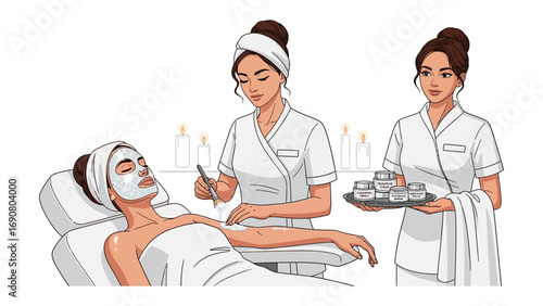Skilled beauticians in white uniforms apply a facial mask to a relaxed woman in a spa treatment room with towels