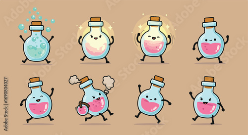 Whimsical animated magic potion bottles, a charming collection radiating playful expressions, ideal for enchanting Halloween themes and delightful fantasy designs