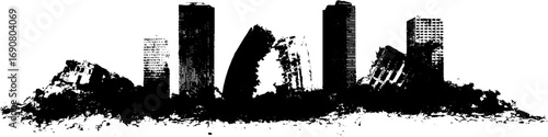 Urban decay concept with grunge black and white collapsed buildings for artistic design