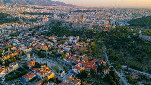 Fototapeta Naklejka Na Ścianę i Meble -  Aerial view around the capitol city Athens and the acropolis in Greece on an early sunny morning in fall.