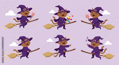 Whimsical Halloween Cat Witch Adventures on Broomsticks - Playful Spells and Fun Illustrations in the Night Sky