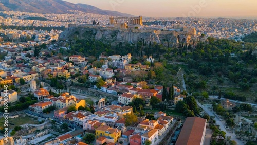 Fototapeta Naklejka Na Ścianę i Meble -  Aerial view around the capitol city Athens and the acropolis in Greece on an early sunny morning in fall.