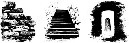 Grunge black and white illustration set featuring stone wall, steps, and archway for urban design