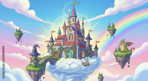 A whimsical castle floats among fluffy clouds, adorned with a rainbow, a dragon, and a wizards hat, creating a magical fantasy landscape