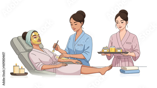 Skilled estheticians meticulously applying a golden facial mask to a relaxed client in a luxurious spa treatment room with soft lighting and spa products