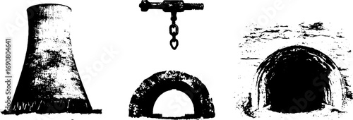 Industrial grunge black and white illustration set: cooling tower, pipeline, tunnel design for urban art