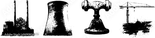 Industrial structures and tools grunge black and white design for urban art