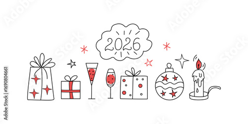 Christmas vector hand drawn icons, doodle. 2026 year lettering. Holiday, New Year, Christmas. Cartoon simple drawings. Gifts, stars, candles, champagne in wine glasses.