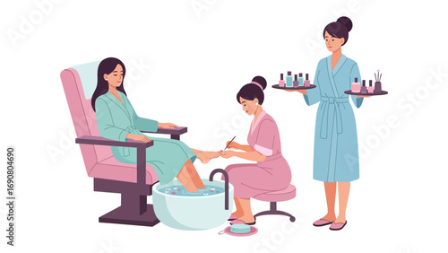 Woman receiving a relaxing pedicure treatment in a comfortable chair with a technician performing the service and another holding nail polish bottles